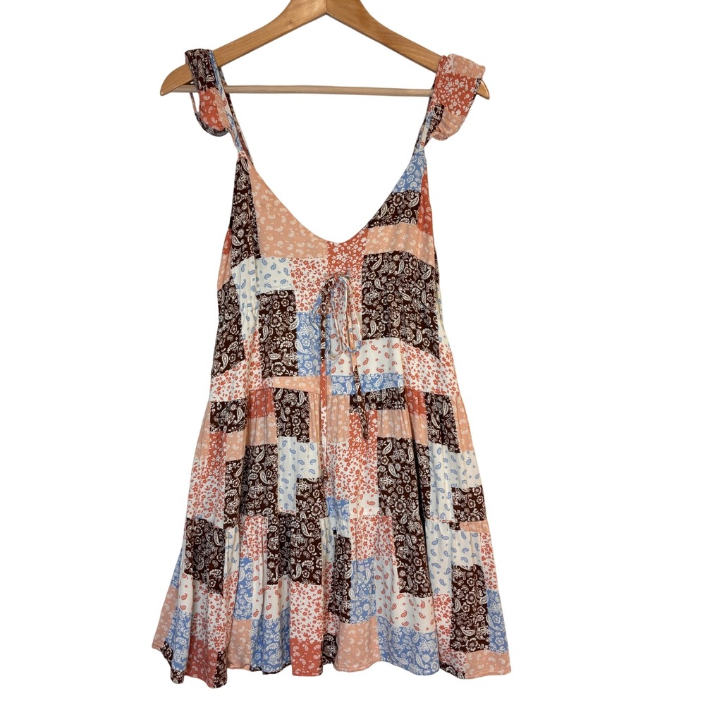 Shop‎ Neighbor Tiered Patchwork Mini Dress Womens M Babydoll Boho Festival Beach